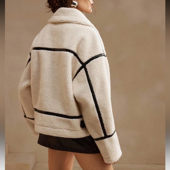 Luxury faux fur shearling vegan leather patchwork jacket oversized cream brown - Picture 3 of 8